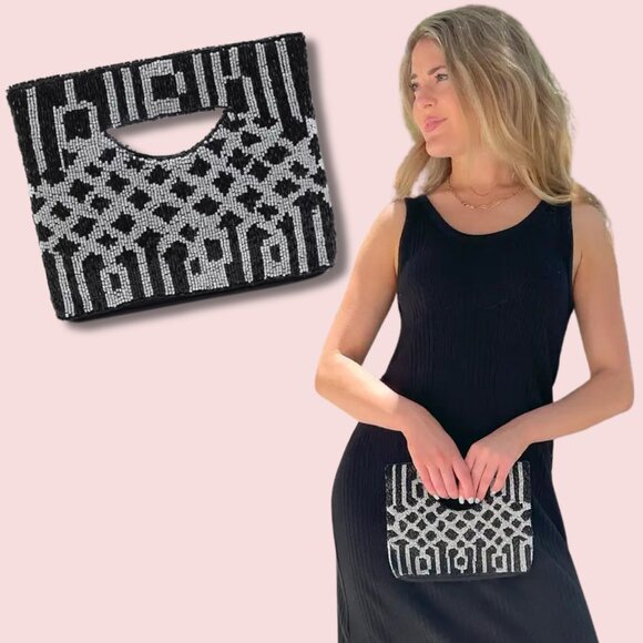 Glass Sparkle Seed Beaded Top Handle Tote Bag Handbag Spring Black NEW - Picture 1 of 5